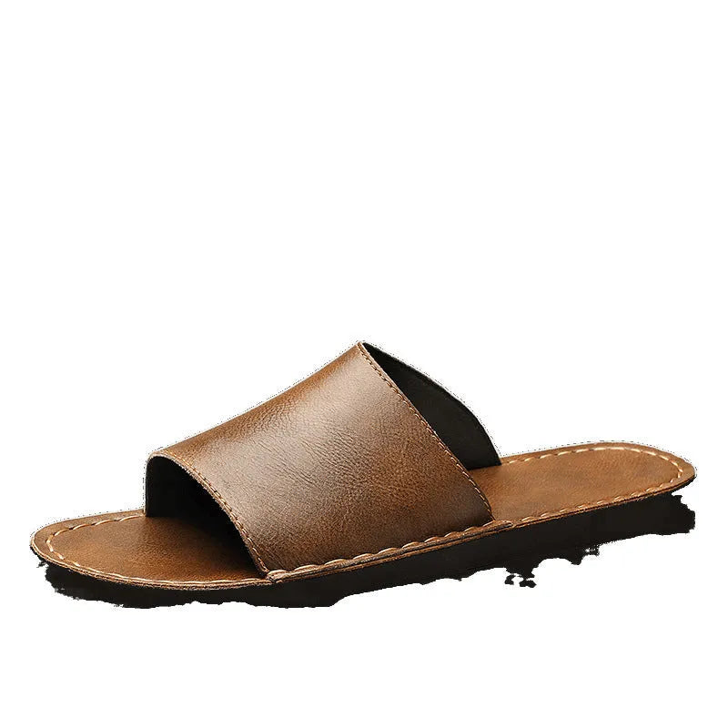 Brown and black men's leather casual sandals with rubber soles for outdoor spring and summer wear.