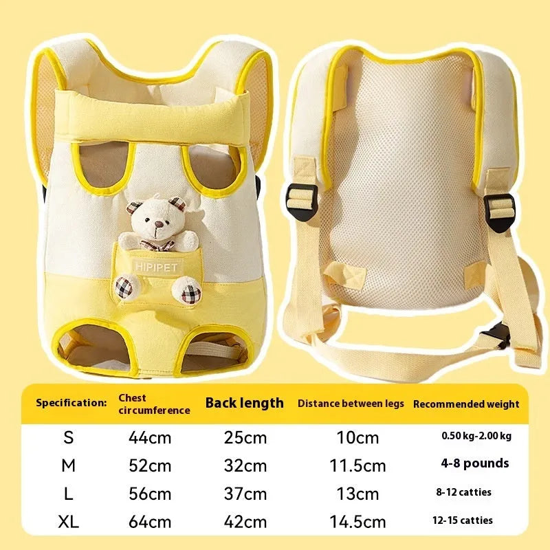 Cartoon animal print pet chest bag in soft canvas with colourful stitching, shown in Beka yellow bear design.