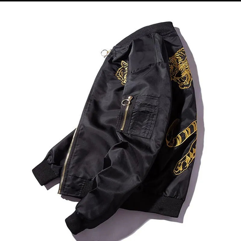 Men's black gold embroidered baseball jacket with stand-up collar, zip front, and loose fit, sizes S to 3XL.