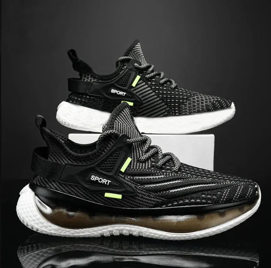Men's white low-top mesh sneakers with flat rubber sole and front lace-up design on a neutral background.