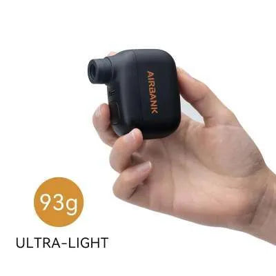 Black plastic USB-rechargeable electric bicycle tyre inflator pump with charging cable and waterproof bag