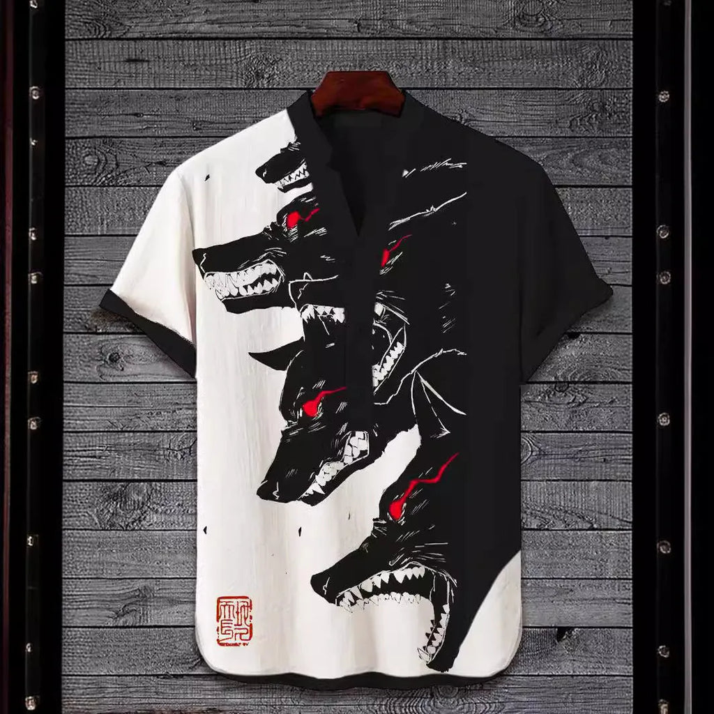 Man wearing a short sleeve t-shirt with a colourful 3D digital animal graphic print on the front.