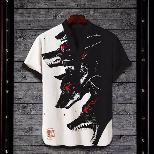 Man wearing a short sleeve t-shirt with a colourful 3D digital animal graphic print on the front.