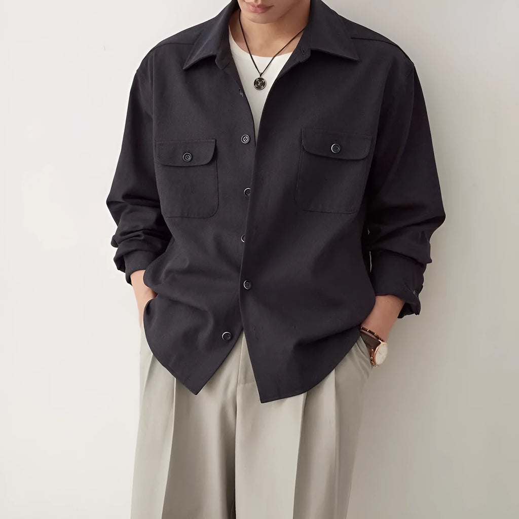 Men's long sleeve shirt with cotton fabric lapel in light sand rice colour, showing simple profile design