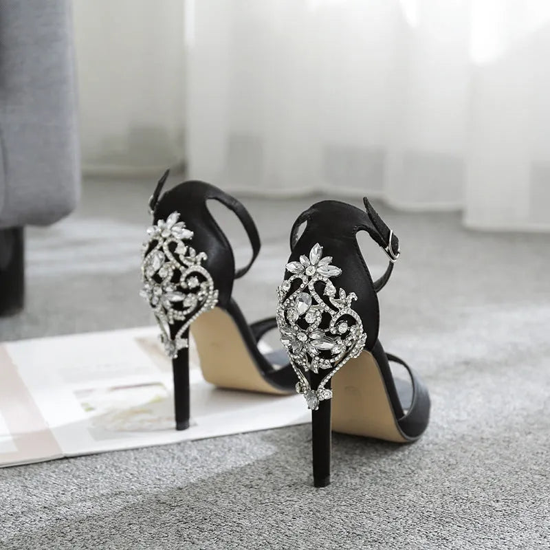 Black suede women's high heels with rhinestone decoration and fish mouth toe
