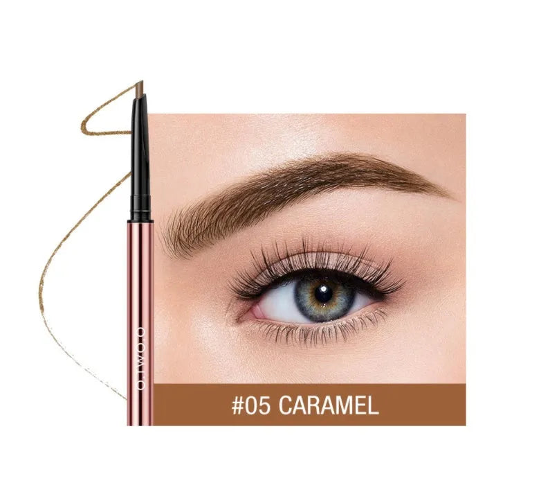 A brow make-up pencil in a colour box, showing six available shades like Auburn, Blonde, Caramel, and Taupe.