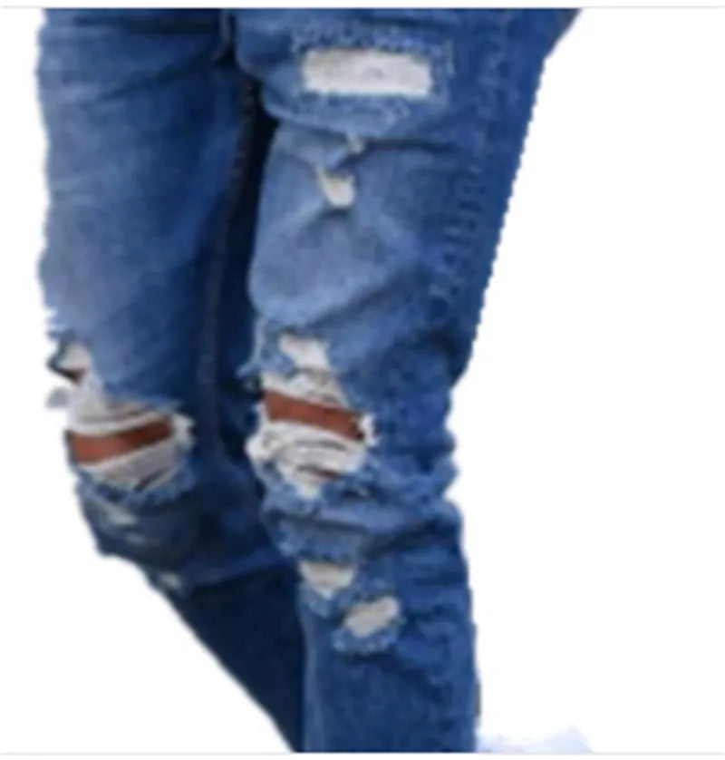 Men's distressed blue jeans with hole detailing on legs, cotton denim fabric