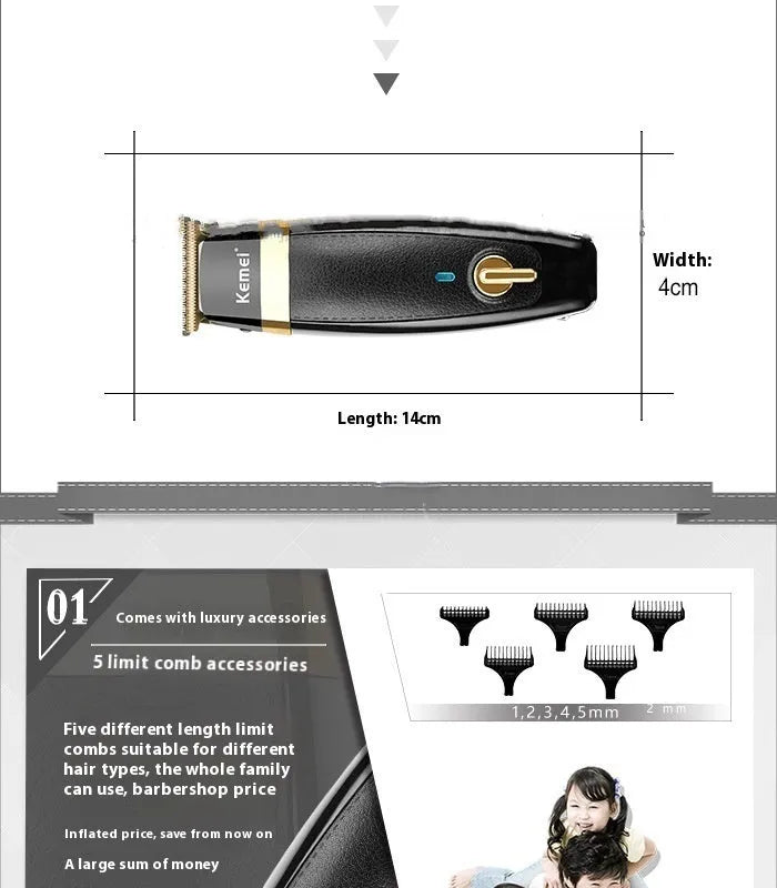 KM1834 rechargeable electric hair clipper with USB cable, lubricant, brush and five limit combs