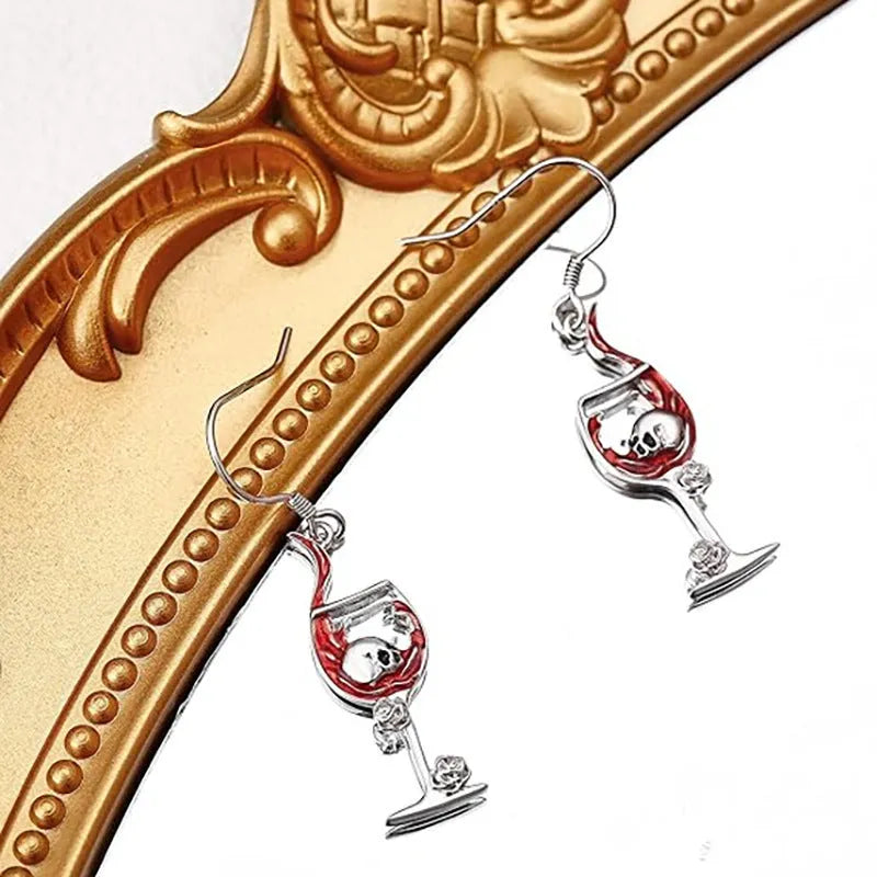 Halloween skull wine glass earrings with geometric design and zinc alloy construction