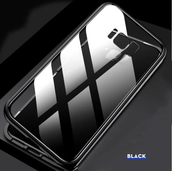 Black anti-peeping magnetic phone case for Samsung Galaxy showing clamshell design and privacy screen