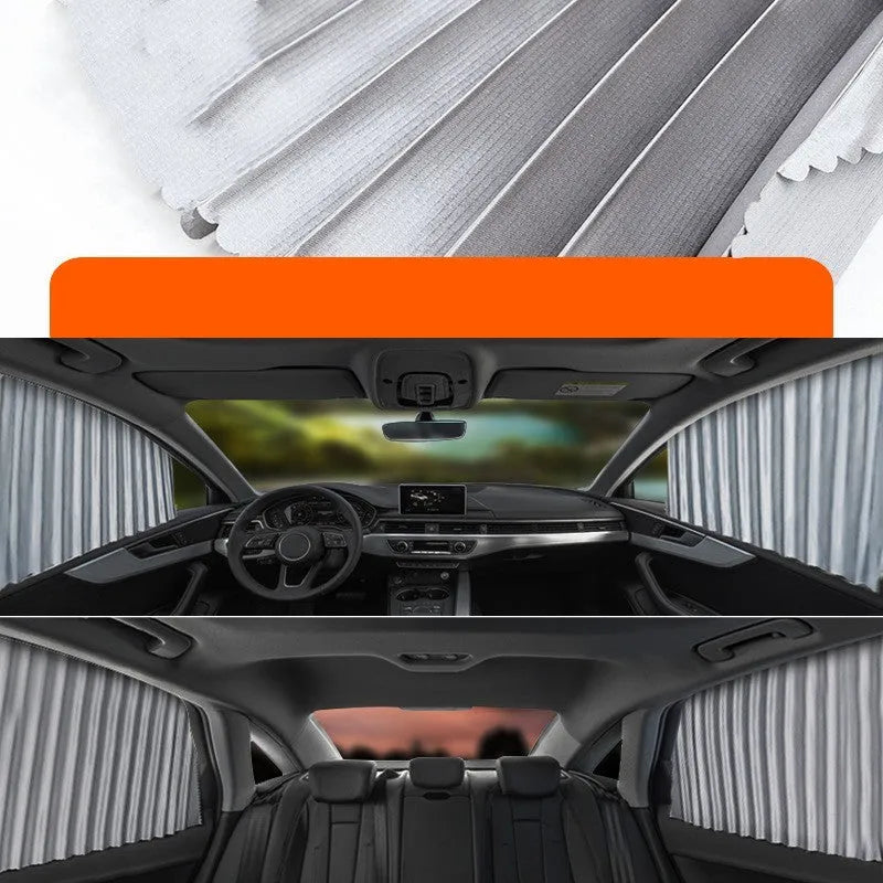 Retractable car sunshade curtain in thick opaque cloth with roller shutter mechanism