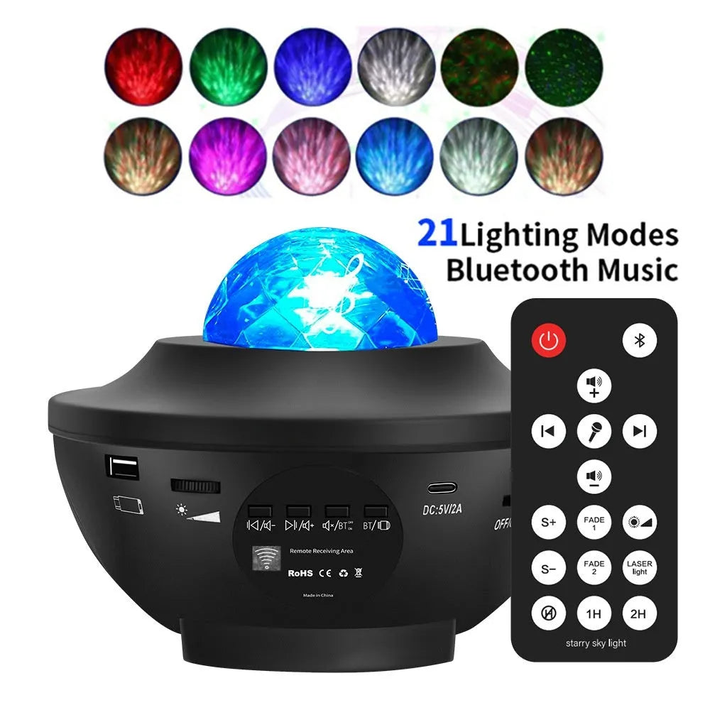 Small black bowl-shaped starry sky projection lamp with rotating water ripple laser patterns