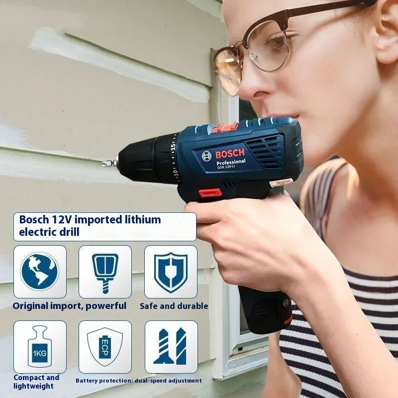 Cordless electric drill and screwdriver with 10mm chuck, 1300 rpm, two batteries and instruction manual.