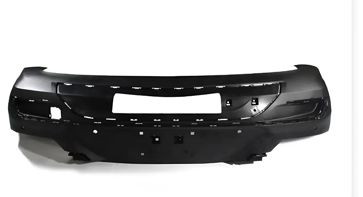 A black universal plastic car bumper for front or rear vehicle mounting.