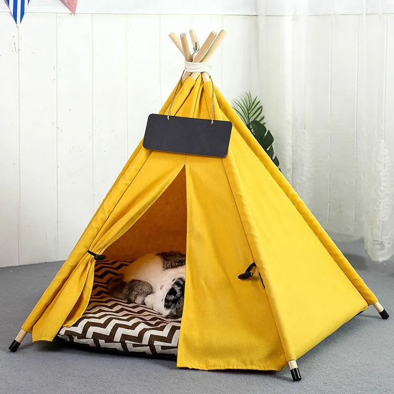 White and yellow striped pet teepee tent bed with cushion for small dogs or cats