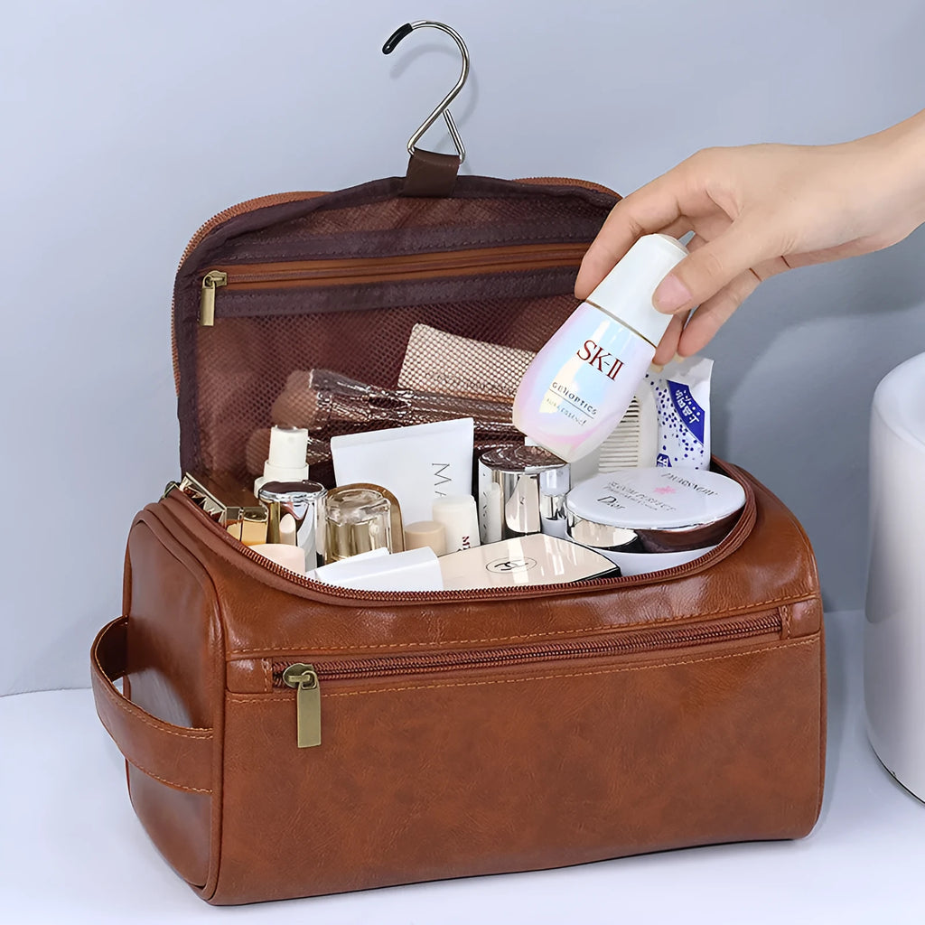 Large capacity waterproof makeup bag in Pu leather available in six colour options including black, navy, beige and brown