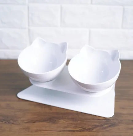 Inclined transparent cat food bowl with beige ABS base, oblique mouth and 13cm diameter, single or double version
