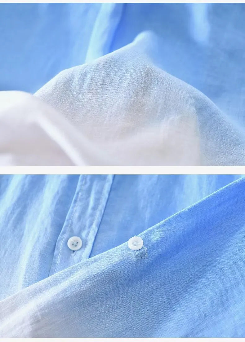 Men's casual loose top coat in polyester hemp blend fabric showing dark blue, light blue, and yellow colour options