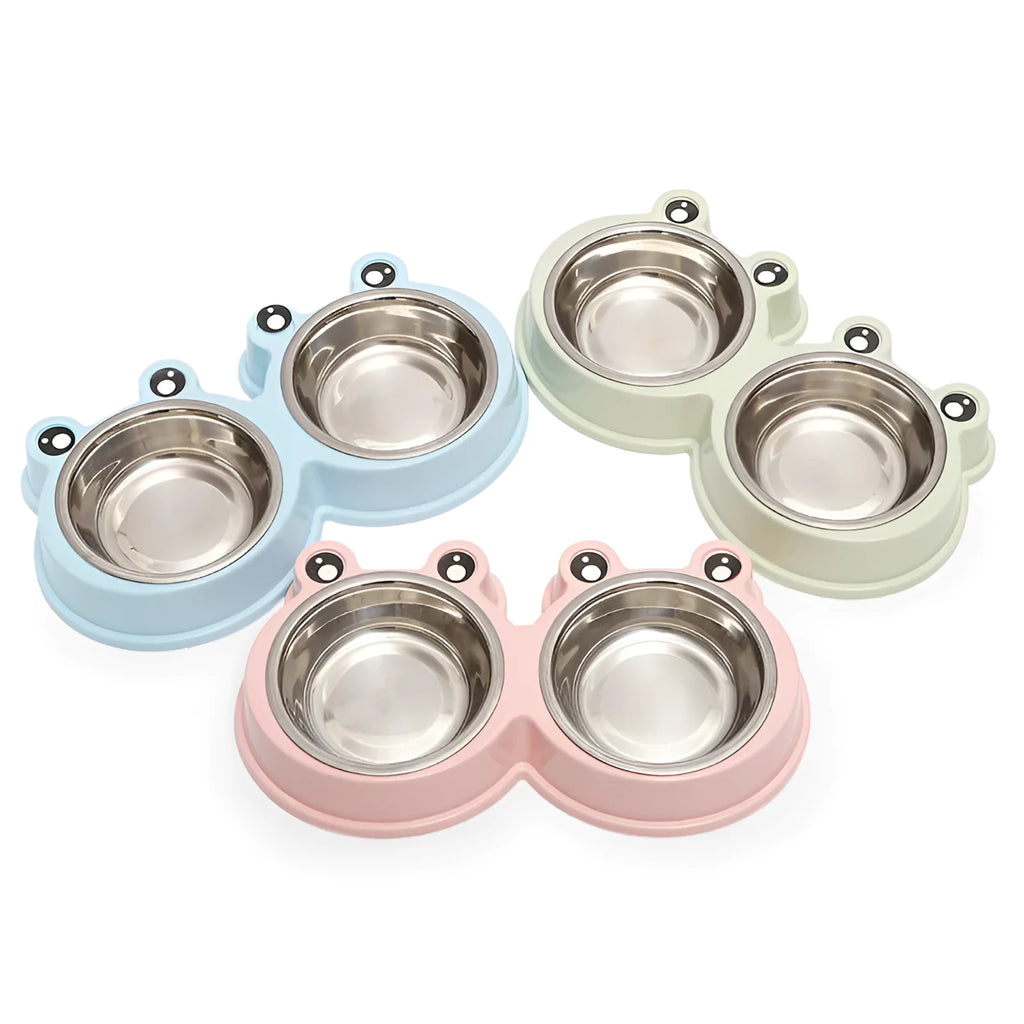 Stainless steel pet double bowl with frog design featuring separate food and water compartments