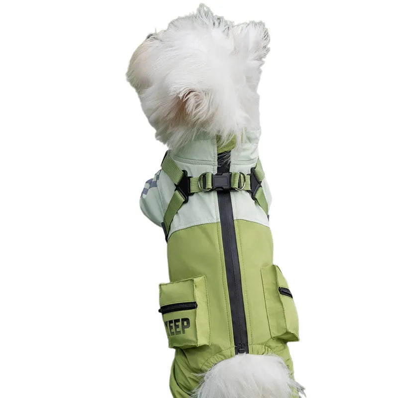 Autumn winter dog raincoat for small medium dogs windproof waterproof four-legged cotton coat with reflective stripes blue colour