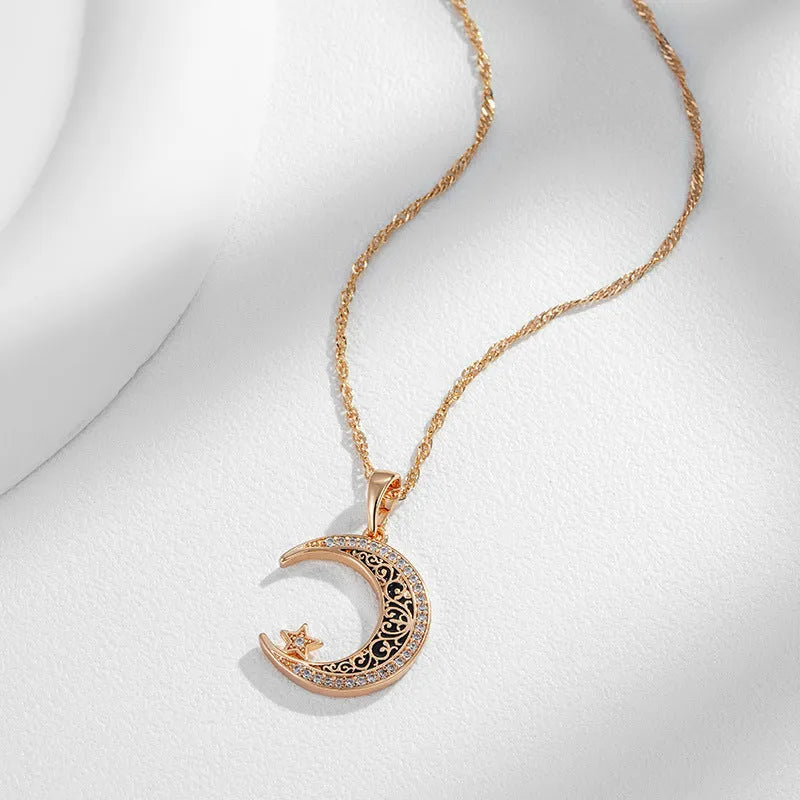 Rose gold star and moon necklace with zircon stones on adjustable water wave chain