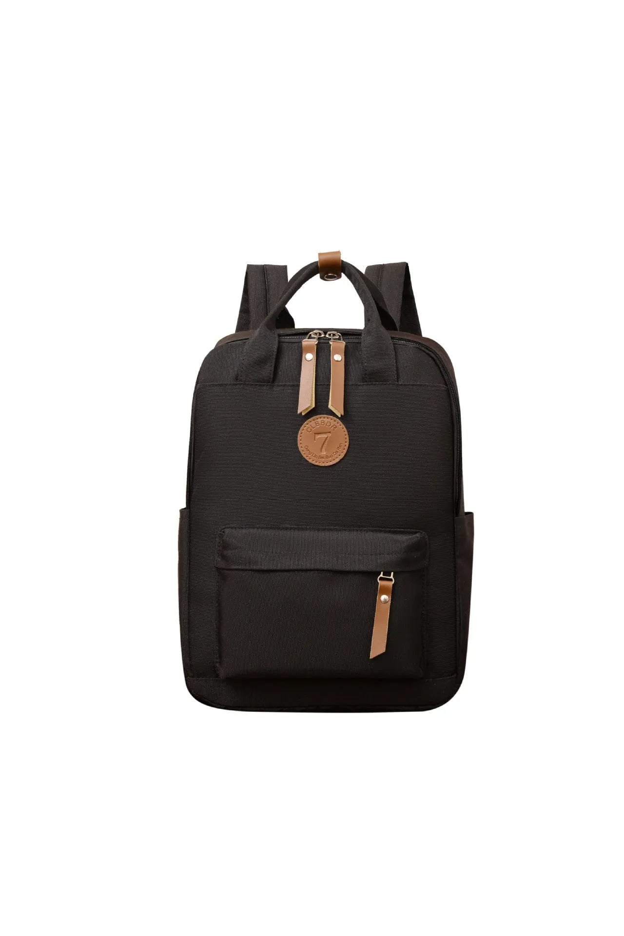Black Oxford cloth unisex backpack with curved shoulder straps in an urban simplicity style.