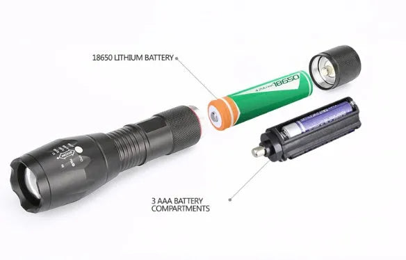 Black aluminium alloy zoomable LED flashlight with adjustable focus ring and textured grip.