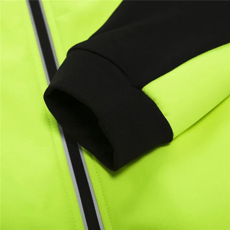 Soft shell thermal fleece cycling jacket in black with green, unisex polyester, sizes S to XXL, 586G