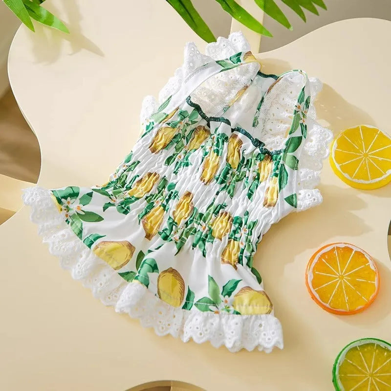 Rock yellow lemon polyester dog dress with thin breathable strap skirt in princess style