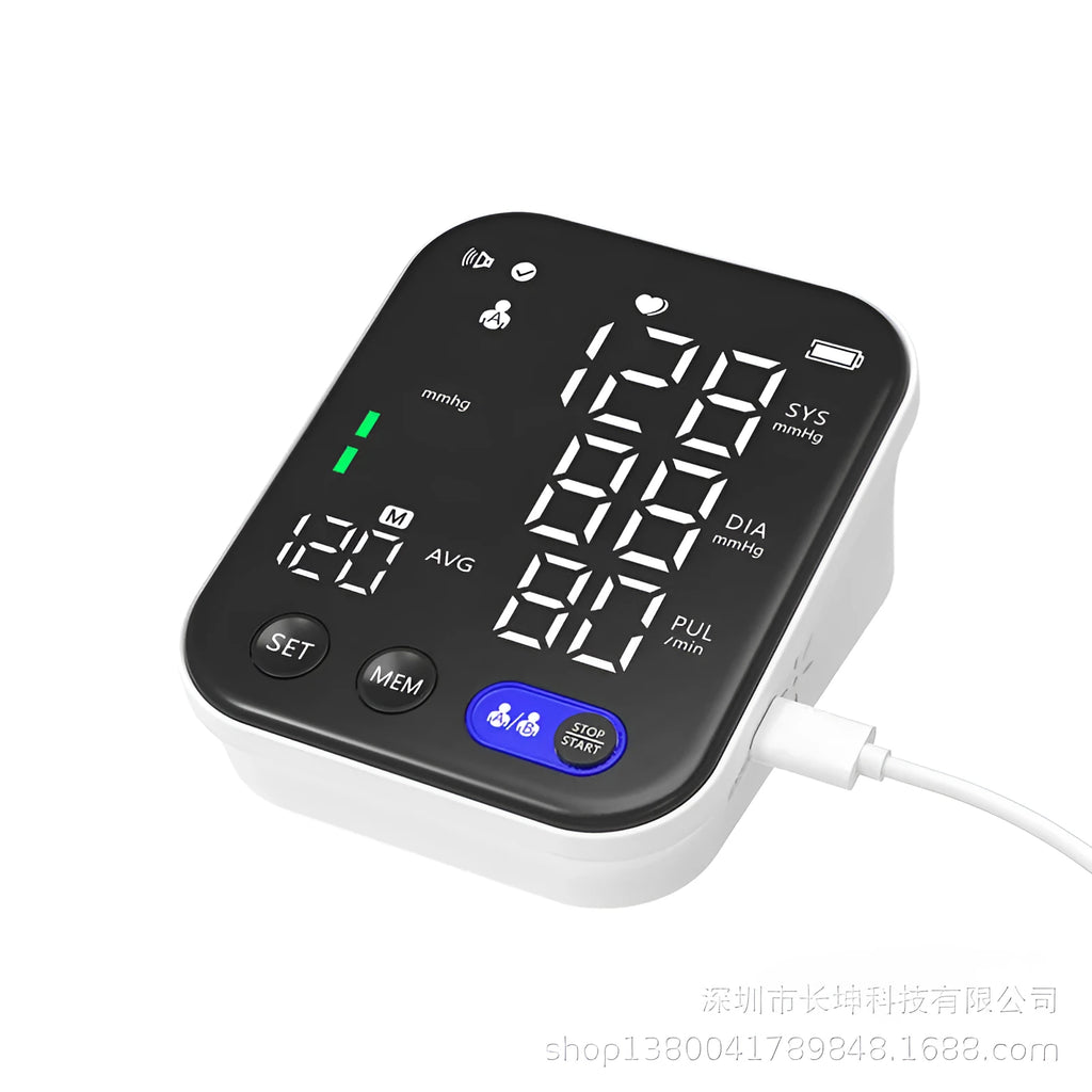 White electronic blood pressure monitor with ultra clear large screen and pulse sphygmomanometer for real-time measurement