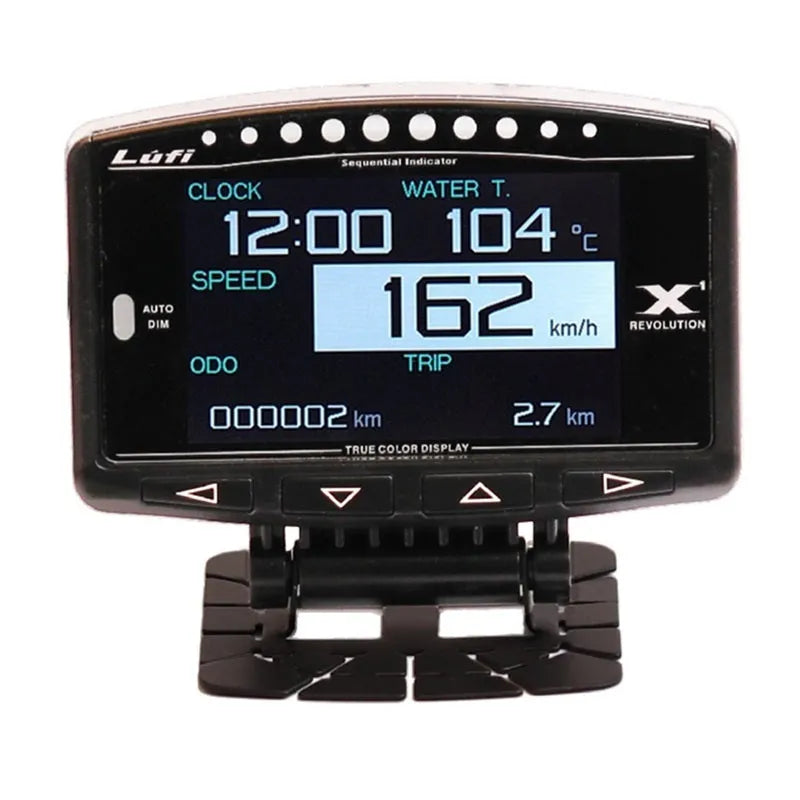 X1 automotive OBD instrument with LED display and metal body showing 10mm size specification