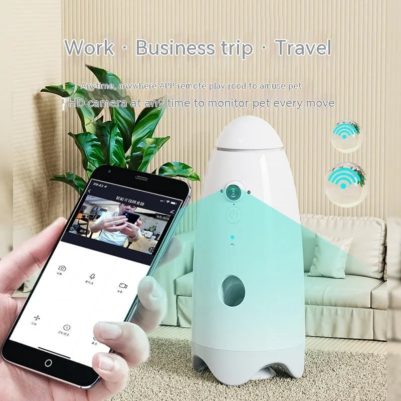 White ABS automatic pet feeder for cats and dogs with 1080p camera, USB charging, 270mm x 120mm