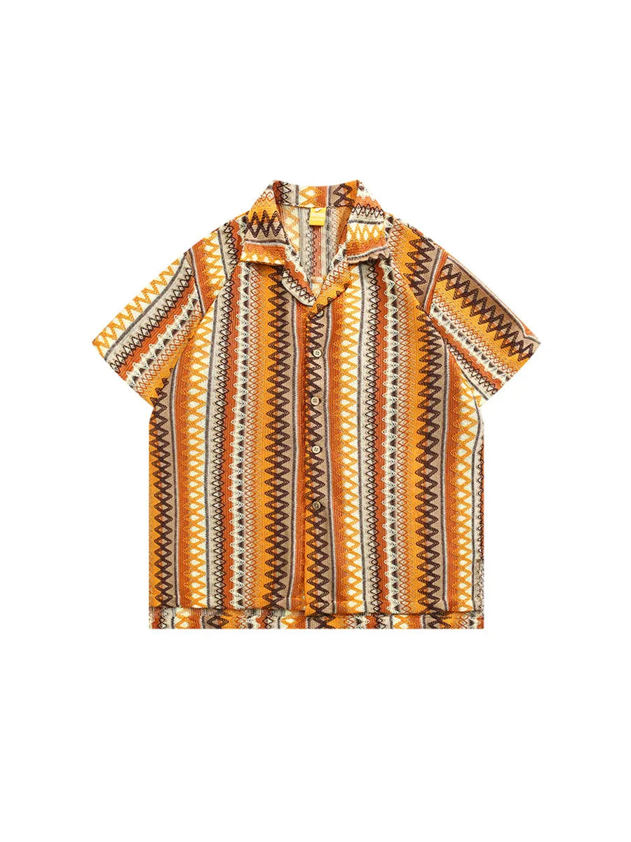 Ethnic woven Cuban collar shirt with contrast colour design and drop-shoulder sleeves