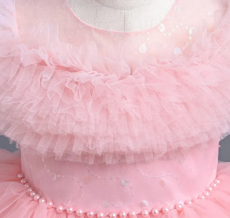 Girls Western-style princess dress in polyester fiber, available in white, light pink, blue, and Champagne, sizes 110 to 160