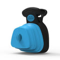 Blue portable pooper scooper with clip and expandable waste container for dog walking.