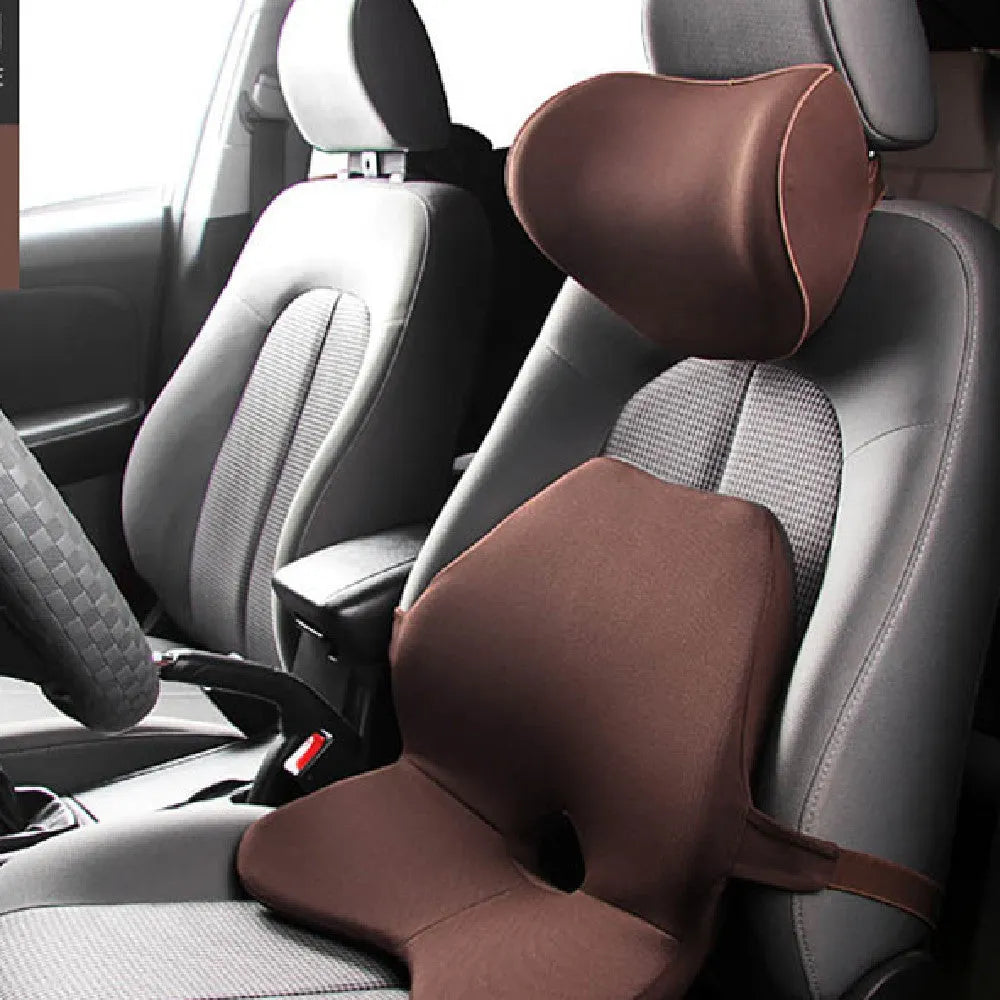 Car waist pad and headrest bundle in beige colour, made with memory cotton and a polyester cover.