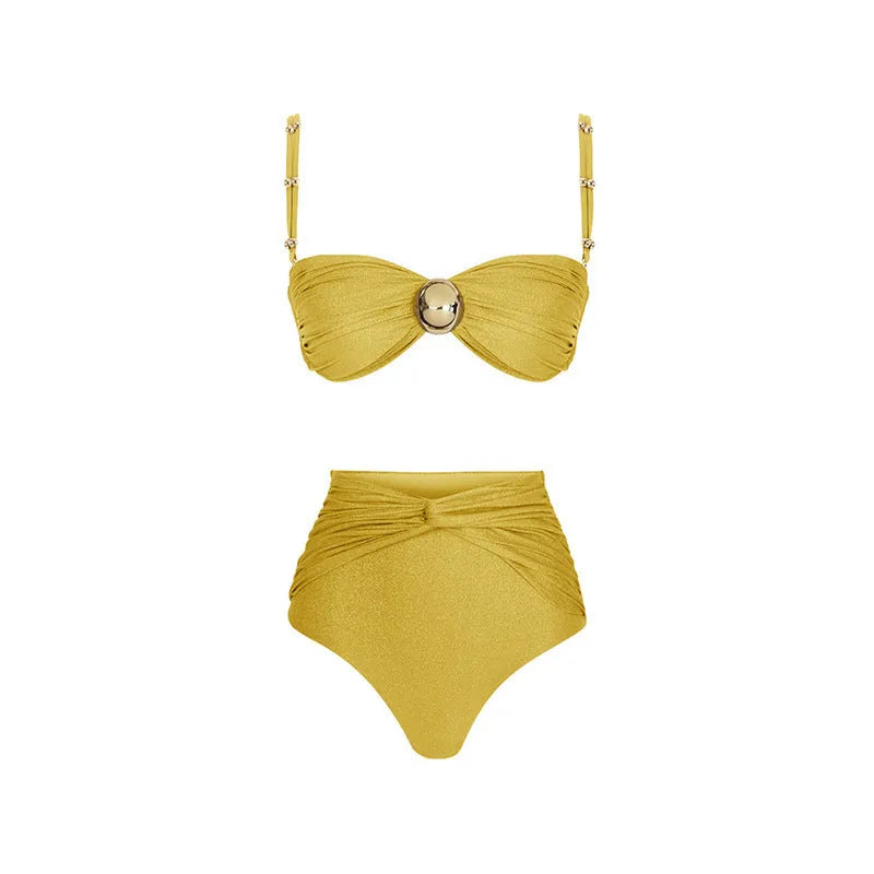 Women's high-waisted bikini set with removable skirt in green one-piece and yellow two-piece styles.