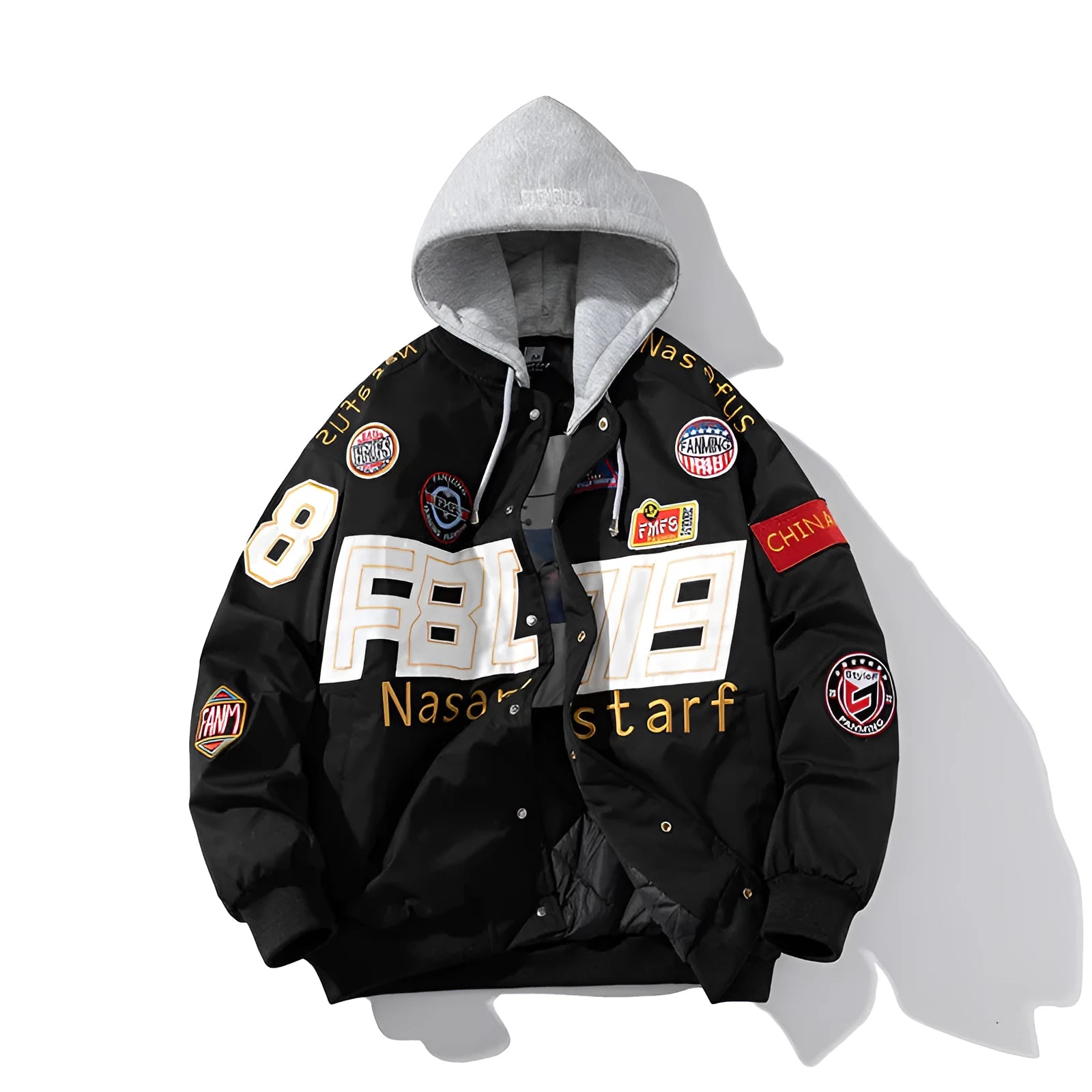 Loose-fit black motorcycle couple baseball jacket with side pockets and a removable hood.