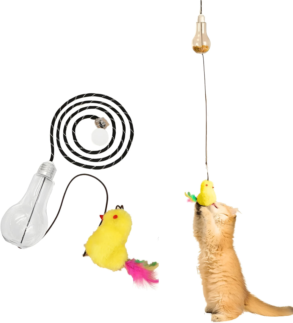 Grey and yellow retractable hanging cat toy with treat dispenser and dangling mouse attachment