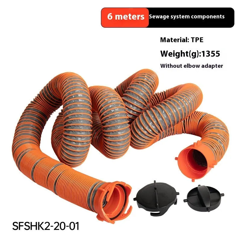 Brown 90-degree rotary elbow joint for sewage hose connected to a long polypropylene pipe.