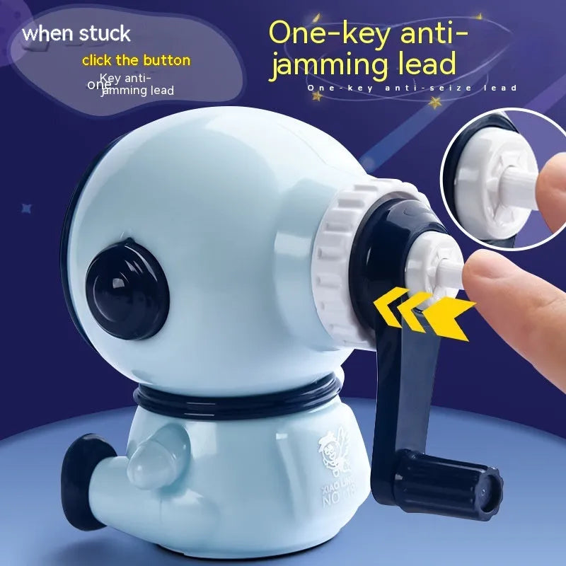 Cartoon astronaut themed manual pencil sharpener with adjustable settings and anti-jam mechanism