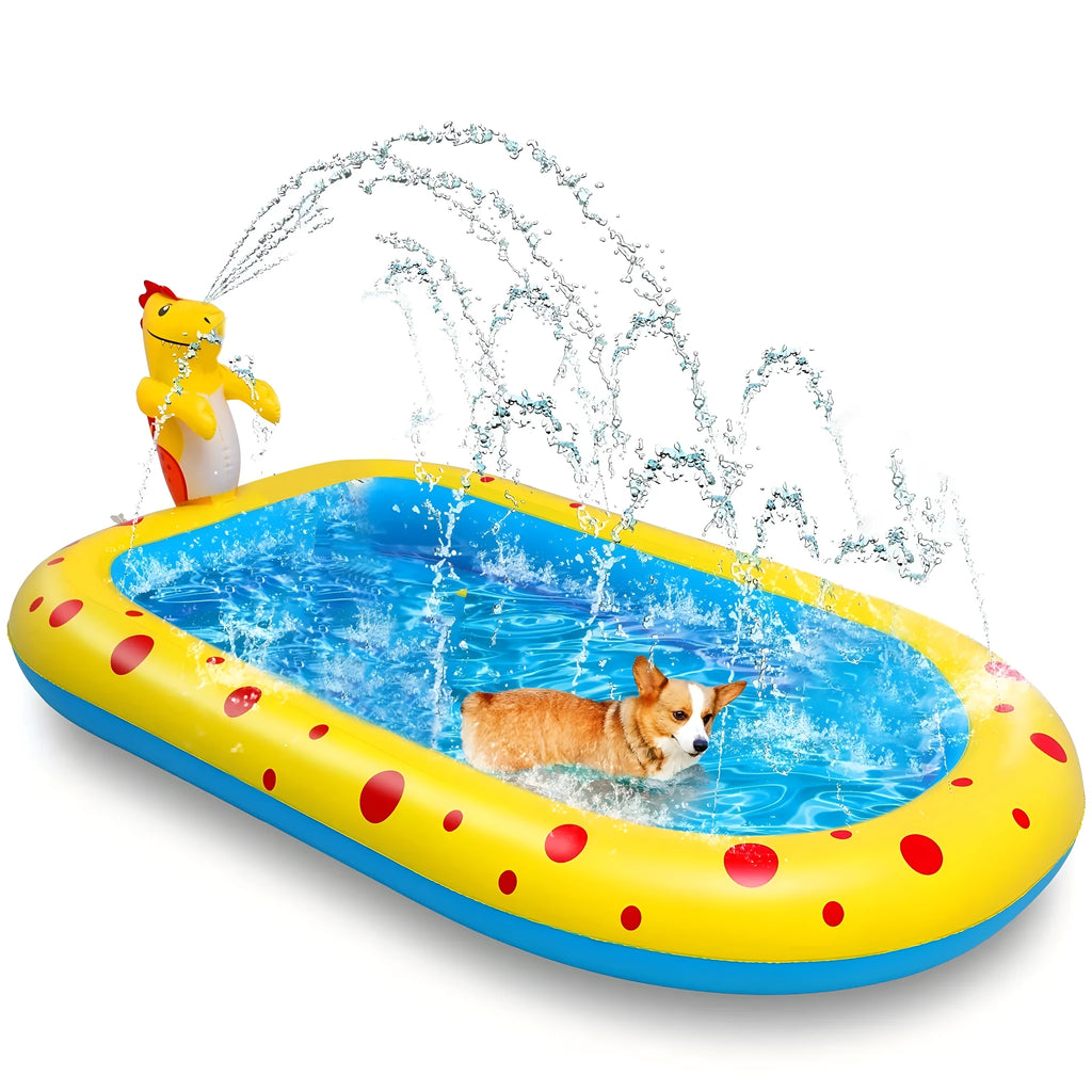 Blue dinosaur water spray play mat with inflatable shark pool for children's outdoor water games