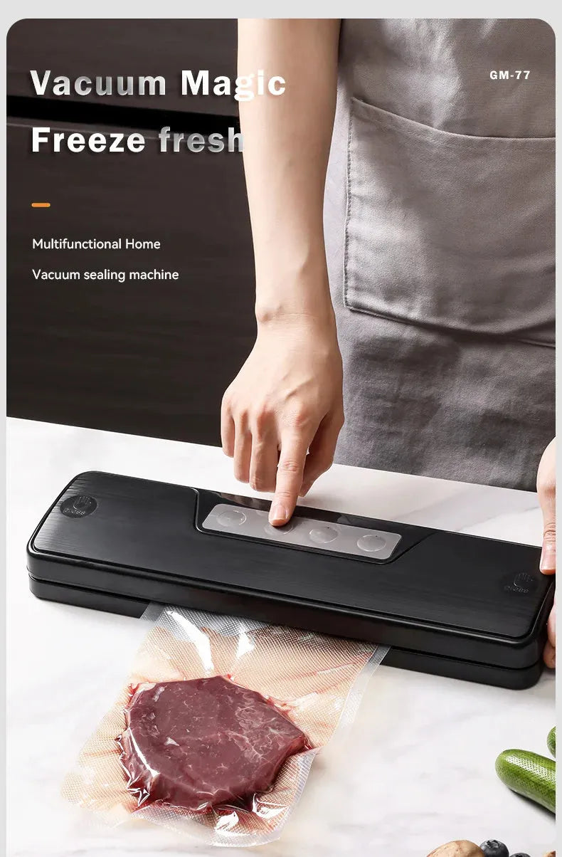 Small white automatic vacuum sealer machine for household food preservation and item protection