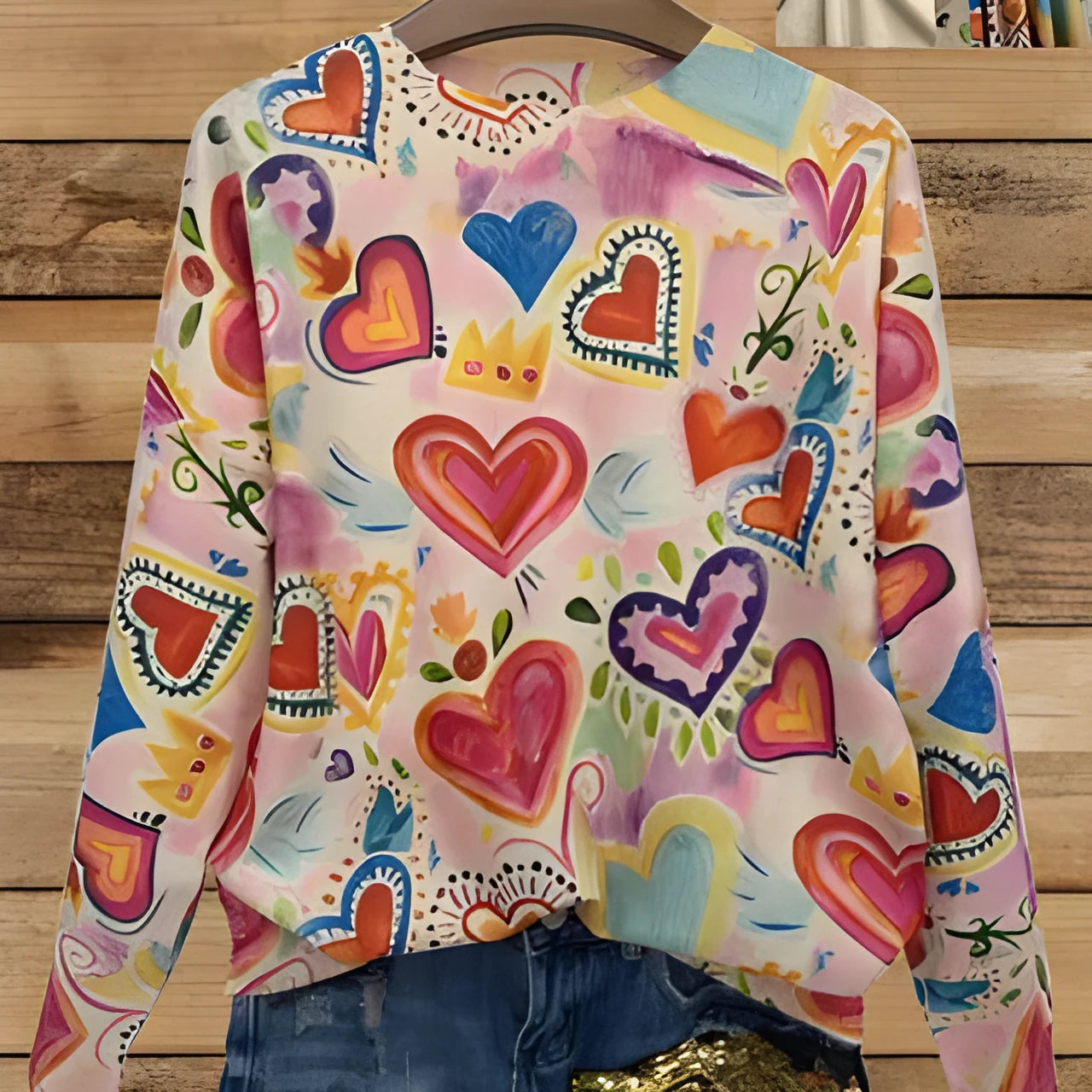 Loose fit digital printed top with lapel collar, shown in a graphic design, available in sizes S to 5XL.