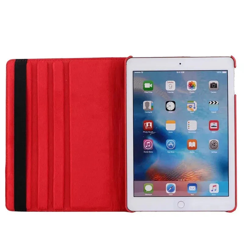 Rotating clamshell iPad protective sleeve in imitation leather, shown in rose red colour.