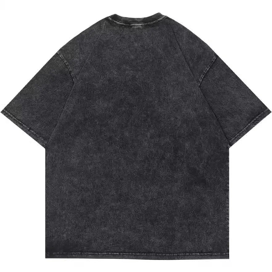 Men's loose fit short sleeve t-shirt with retro cartoon pattern in washed black cotton