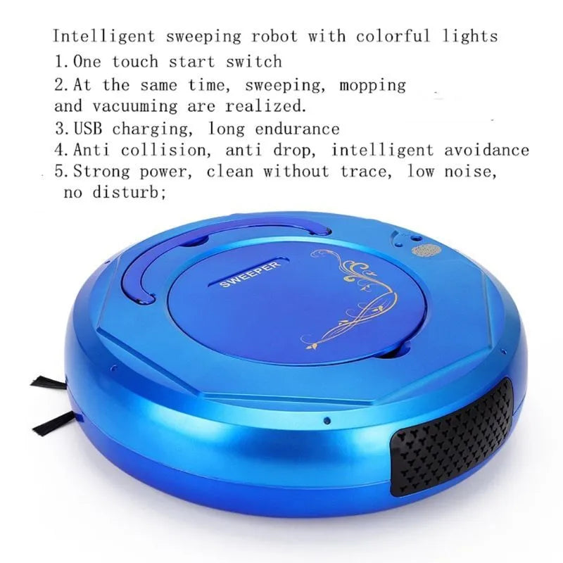 Lazy Smart robot floor sweeper vacuum cleaner in blue colour on a hard tile floor.