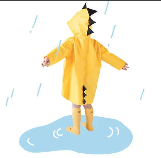 Dinosaur raincoat for kids in red or yellow, hooded design, sizes S to 3XL with size chart measurements