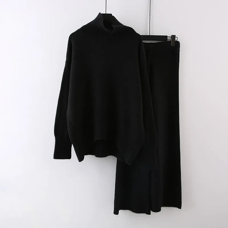 Women's casual two-piece set with acrylic fibre sweater and matching wide-leg trousers in solid colour