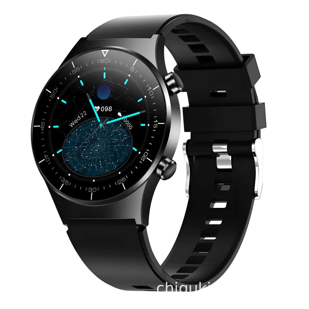Black TPU smart watch with 1.28 inch glass touchscreen showing heart rate display